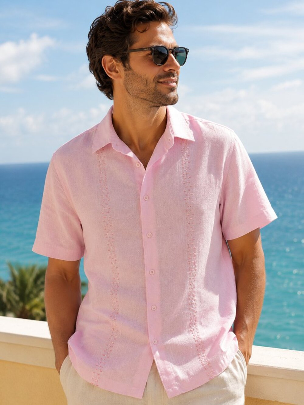 Cafe Luna Linen Blend Shirt XL Pink Embroidered Resort